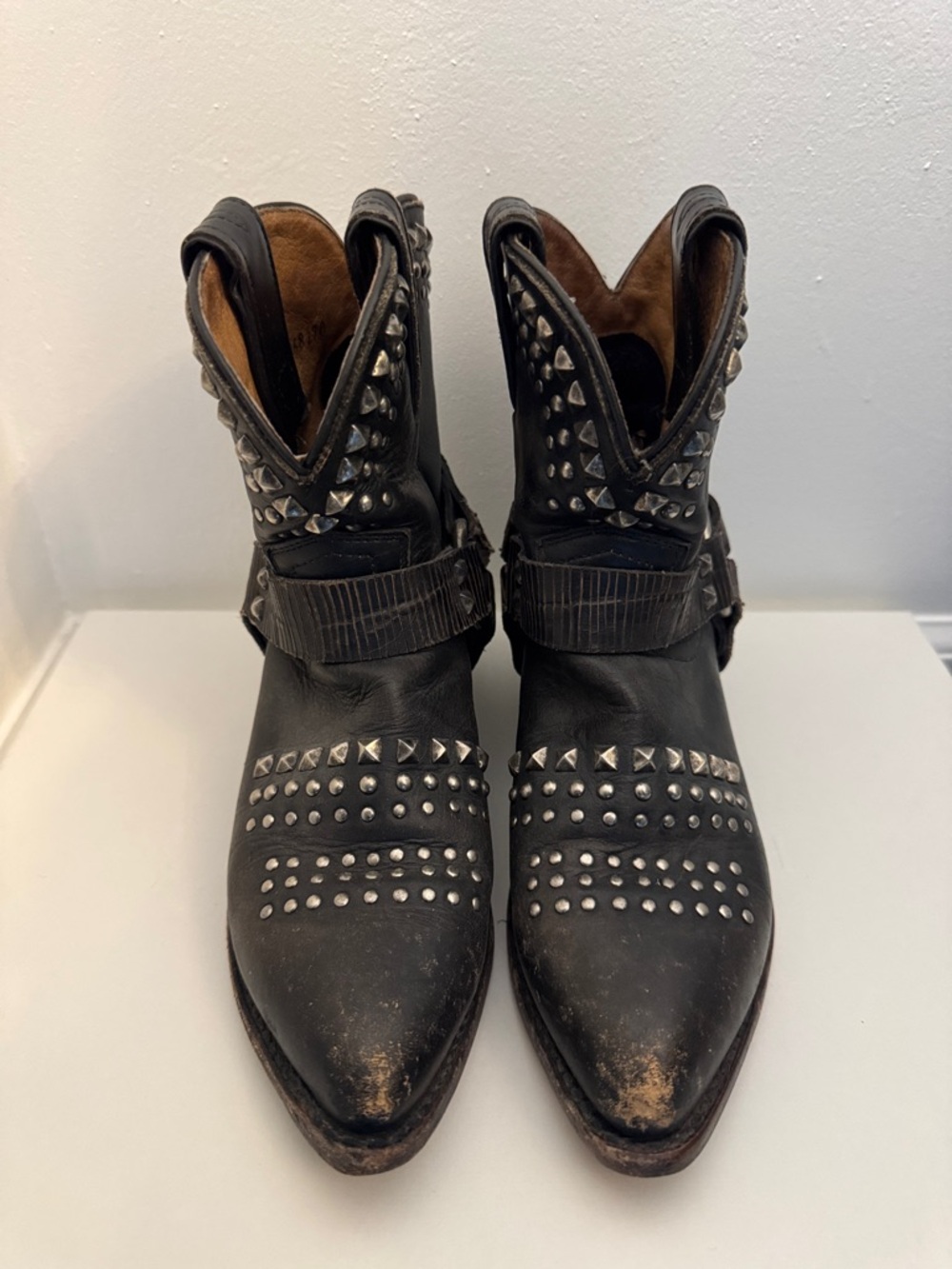 Frye Black Leather Studded Western Ankle Boots